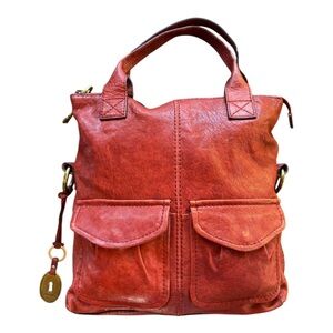 Vintage 1990’s/Y2K Soft Rusted Orange Leather Cargo Tote Fossil Bag